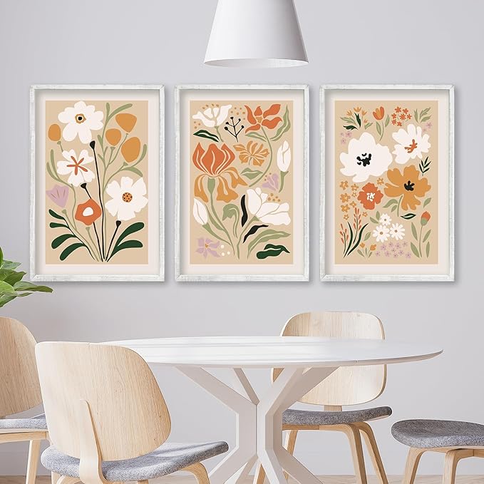 Boho Flowers Plant Wall Art Sign Set of 3 16"x24" Mid Century Modern Minimalist Wooden Framed Abstract Botanical Flower for Vintage Living Room Offic Bedroom Wall Hanging Decoration (White)