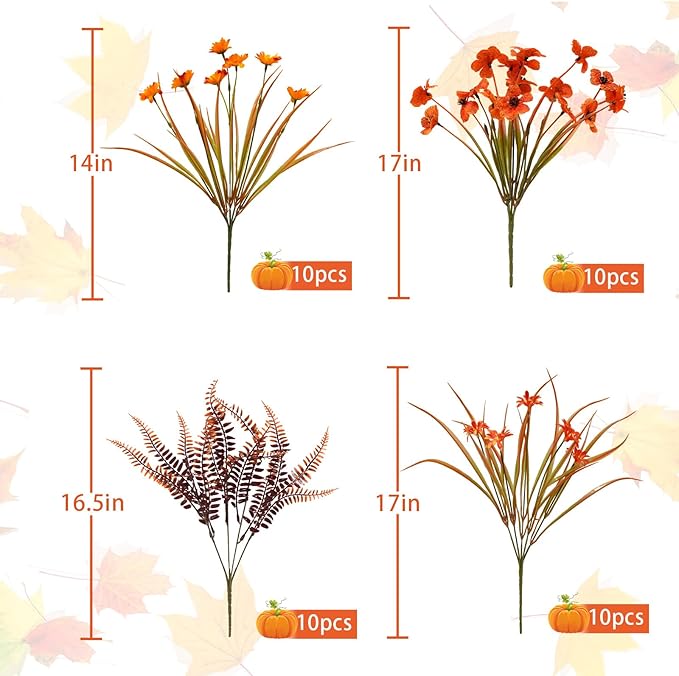 40 Pcs Fake Fall Flowers Artificial Fall Plants Outdoor Faux Fall Flower Decorations for Home Kitchen Bathroom Porch Patio Classroom Office Window Box Thanksgiving Harvest