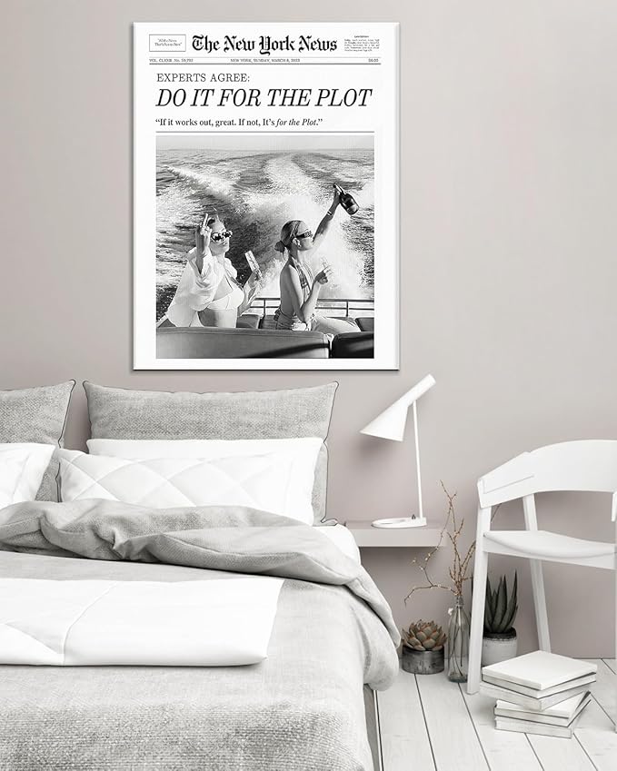 Aesthetic Trendy Newspaper Wall Art 20x24 Vintage Do It For The Plot Magazine Canvas Prints Decor Waterproof Funny Retro Black and White Wall Art for Apartment Bathroom Bedroom Decor Ready To Hang
