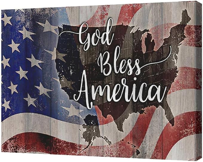 Large American Flag and USA Map Wall Art Rustic United States Map Pictures Wall Decor God Bless America Canvas Painting Print Home Decor Artwork Framed for Living Room Bathroom Master Bedroom 20"x16"