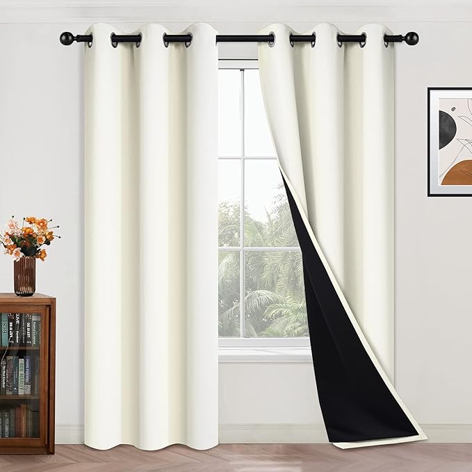 Yakamok 84 Inch Length 100% Blackout Curtains for Bedroom, 2 Thick Layers Thermal Insulated Grommet Total Blackout Drapes with Black Liner for Living Room (42Wx84L,Cream, 2 Panels)