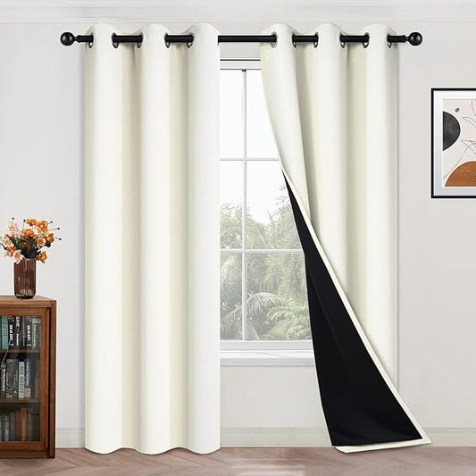 Yakamok 84 Inch Length 100% Blackout Curtains for Bedroom, 2 Thick Layers Thermal Insulated Grommet Total Blackout Drapes with Black Liner for Living Room (42Wx84L,Cream, 2 Panels)