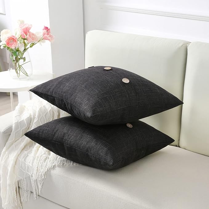 HAUSSY Black Linen Decorative Throw Pillow Covers 18x18 Inch Set of 2,Square Cushion Case with 3 Vintage Buttons,Modern Farmhouse Home Decor for Couch,Bed