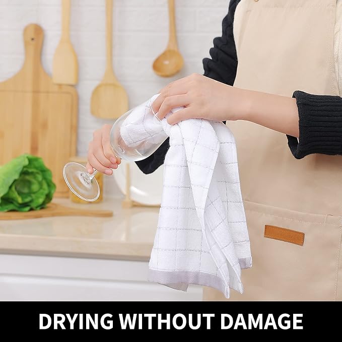 Homaxy 100% Cotton Terry Kitchen Towels(White, 13 x 28 inches), Checkered Designed, Soft and Super Absorbent Dish Towels, 6 Pack