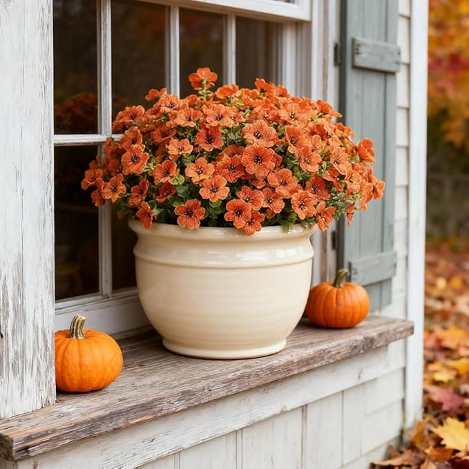 Artificial Flowers UV Resistant Outdoor,12 Bundles Faux Plants for Fall Thanksgiving Christmas Patio Porch Decor, No Fade Window Box Fake Greenery for Home Wedding Walkway Decoration