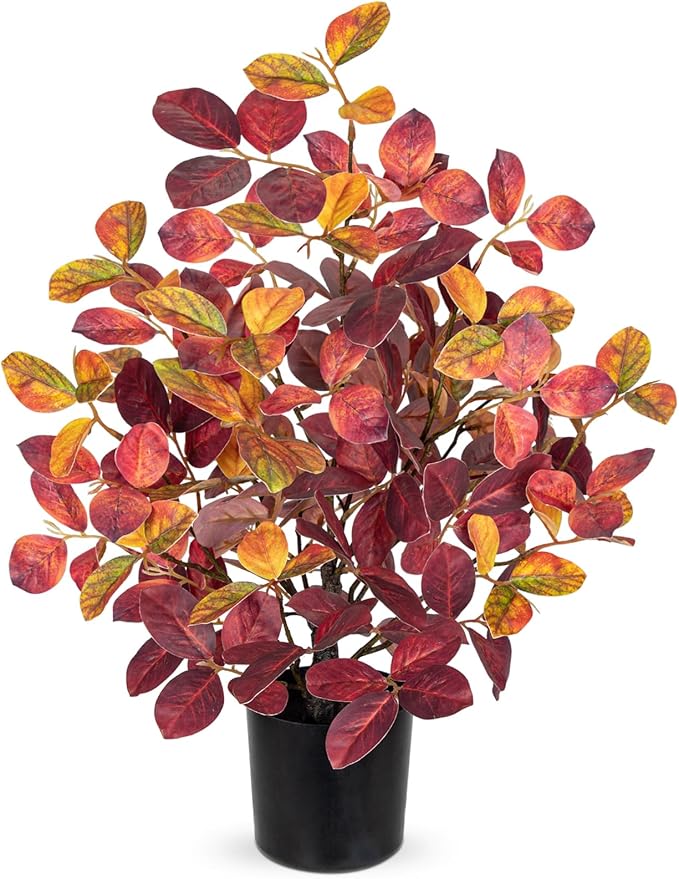 Briful 18.5" Fake Fall Eucalyptus Tree in Black Pot, Autumn Small Artificial Tree with Realistic Red Orange Leaves Faux Plants Indoor for Home Office Room Tabletop Mantel Thanksgiving Decor