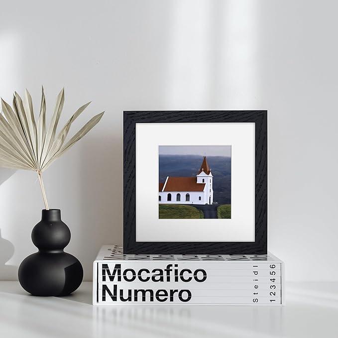 6x6 Picture Frames, Solid White Oak Wood Frame 6 x 6 with Stand for Wall & Tabletop Display, Rustic Wooden Photo Frame 6 by 6 with Real Glass, 6x6 Frame Matted to 4x4, Black Color, Set of 2