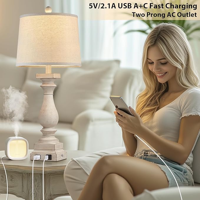 28" Tall Farmhouse Table Lamps Set of 2 with USB C+A Ports and AC Outlet, 3 Way Touch Control Rustic Bedside Lamp for Bedroom, Beige Vintage Nightstand Lamp for Living Room Office
