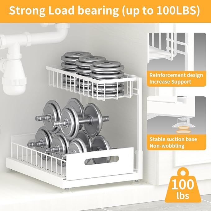 2 Pack Under Sink Organizer Storage 2-Tier Premium Metal Pull-Out Racks, Height Adjustable, Easy Installation | Kitchen & Bathroom Organizers White