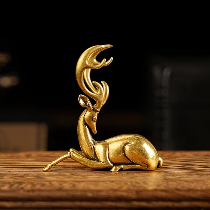 Retro Handcrafted Nostalgic Deer Statue - 100% Solid Brass Body & Genuine White Copper Horns | Elegant Tabletop Decor, Vintage Desk Ornament, Unique Gift for Nature Lovers