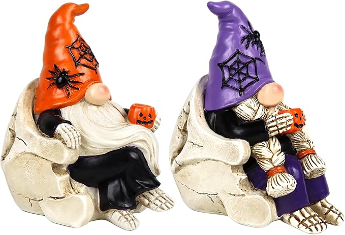 Halloween Gnomes Decorations 2 PCS Resin Skull Decor Skeleton Tabletop Figurines Indoor Holiday Collectible Statue for Women Men Kids
