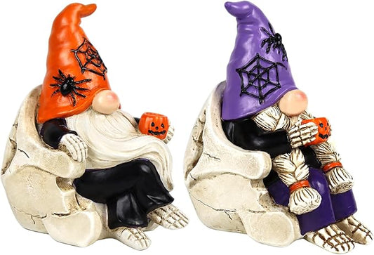 Halloween Gnomes Decorations 2 PCS Resin Skull Decor Skeleton Tabletop Figurines Indoor Holiday Collectible Statue for Women Men Kids