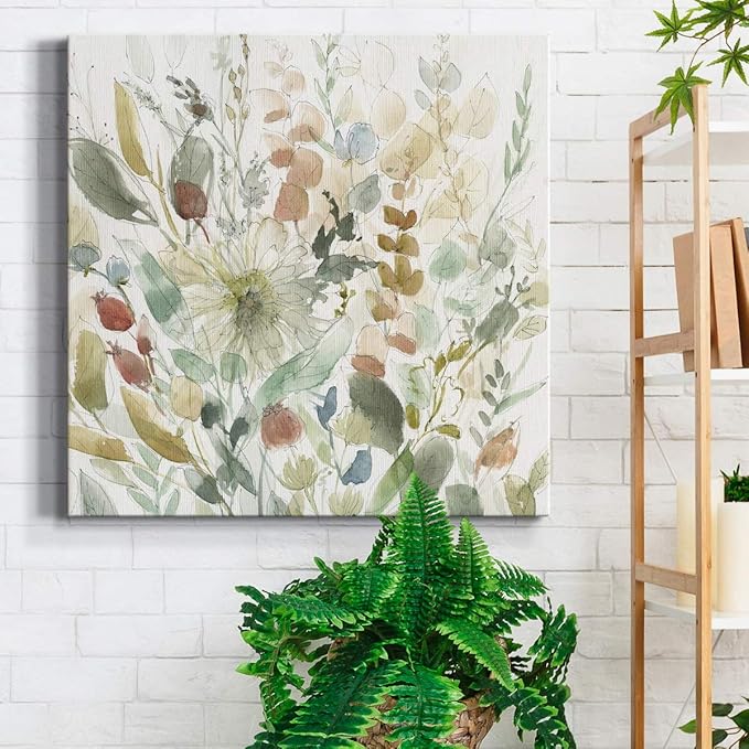 Wexford Home Square Premium Gallery Wrapped Canvas Flower Multicolor Wall Art Abstract Floral Romance Modern Pictures Print for Office, Ready to Hang, linen wildflower garden