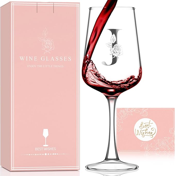 Monogrammed Wine Glass Gifts for Women - Personalized A-Z Wine Glasses with Gift Box & Greeting Card | Custom Mothers day, Anniversary, Birthday Gifts for Her, Mom, Wife, Best Friend, Sister,Woman (J)