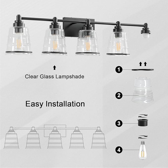Black Bathroom Vanity Light Fixture, 5 Light Bathroom Light Fixtures Over Mirror with Clear Glass Shade and Metal Base Wall Sconce, 37 inch Modern Vanity Light for Bathroom(Exclude E26 Bulb)
