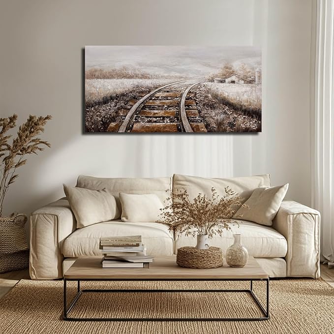 GAIDUOMAI Farmhouse Wall Decor Railway Canvas Painting Countryside Wall Art Mountain Artwork for Bedroom Dining Room 24"x48" hallway decor Grey Picture