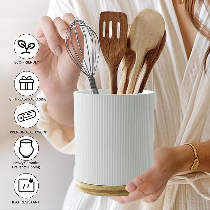 Ceramic Utensil Holder, 7.76" 3.5L Wooden Non-Slip Base 360°Rotating Design for Kitchen Countertop Farmhouse Decor (white)