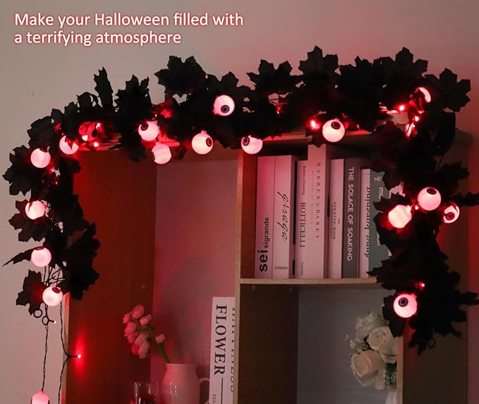 Black Garland with Red Eyes Lights Black Leaves Vine Fall Decor Artificial Autumn Garland Halloween Garlands for Indoor Outdoor Thanksgiving Home Fireplace Dinner Autumn Party(Red Eyes)