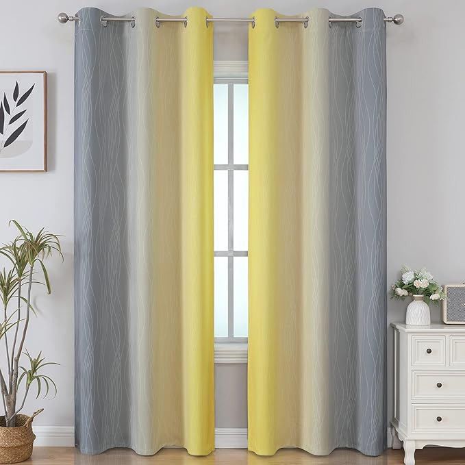 Grey and Yellow Blackout Curtains 84 Inch Length 2 Panels Set, 100% Blackout Curtains for Living Room, Thermal Insulated Gradient Drapes, Full Light Blocking Ombre Curtains for Boys Bedroom,42x84Inch
