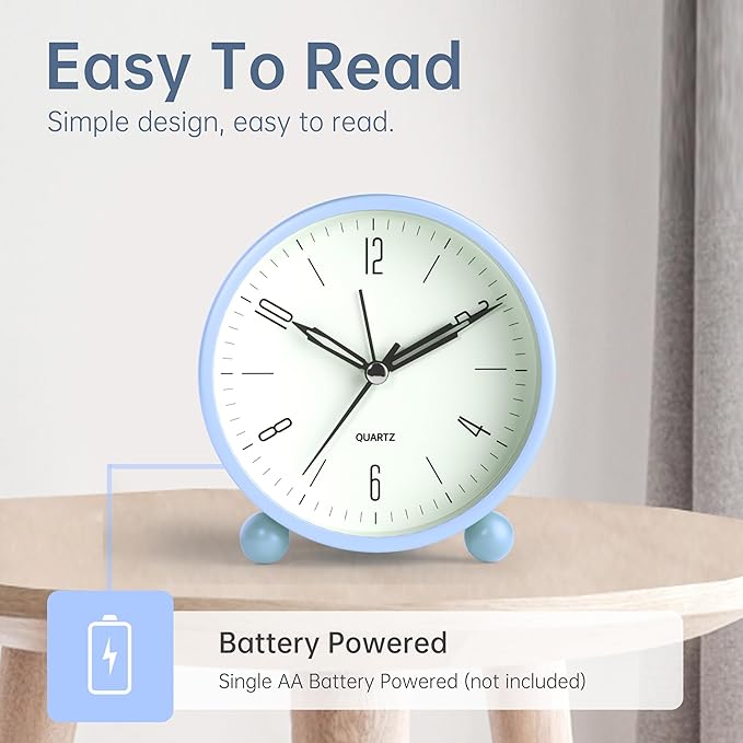 Analog Alarm Clock, 4 inch Super Silent Non Ticking Small Clock with Night Light, Battery Operated, Simple Design, Old fashioned Style SkyBlue decor, for Bedroom, Bedside, Desk, Adult, Kid, Gift, Blue