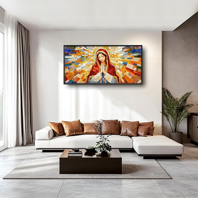 Virgin Mary Wall Art for Living Room, Our Lady of Guadalupe Canvas Wall Decor, Large Jesus Mother Pictures Framed Painting, Catholic Spiritual Artwork for Bedroom Office Home Decor 60L'' × 30W''