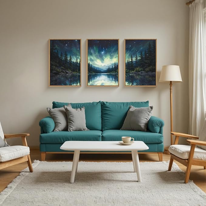 HOURIA Northern Lights Forest Lake Framed Canvas Wall Art Set,Aurora Borealis Mountain Wall Decor,Night Sky Reflective Water Artwork,Modern Wilderness Landscape Prints for Living Room,Office-16"x24"x3