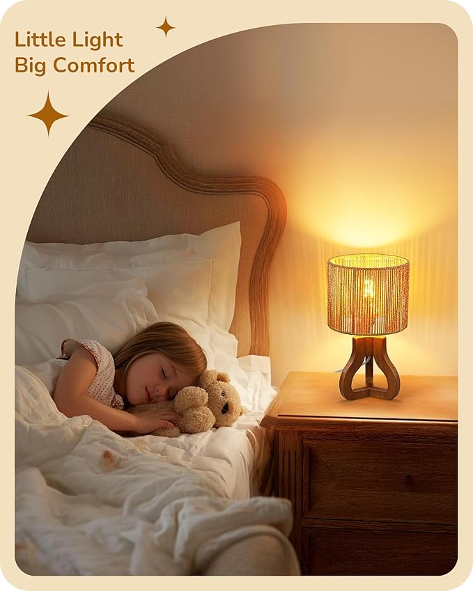 EDISHINE 14.6" Rattan Table Lamp, Rose Wood Tripod Nightstand Lamp, Handwoven Paper Rope Shade, Small Bedside Lamp for Bedroom Living Room, Office, On-Off Line Switch, E26 Base(Bulb Not Included)