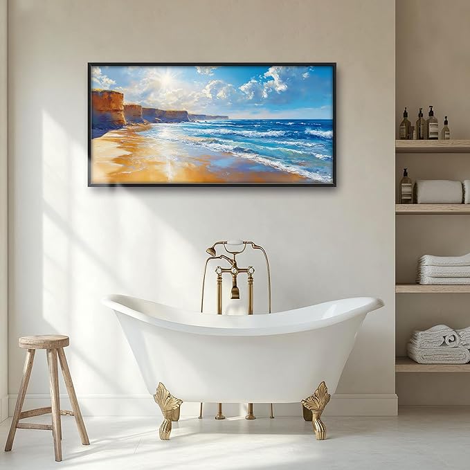 Coastal Beach Large Wall Art for Living Room, Ocean Sun Oversized Wall Decor Pictures, Seaside Framed Canvas Print Painting, Modern Artwork for Bedroom Office Home Decor 60"x30"