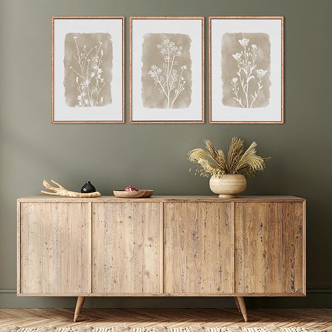 CHDITB Neutral Botanical Wall Art Set of 3, 24"x36" Large Framed Boho Farmhouse Wall Decor, Modern Minimalist Floral Wall Painting, Rustic Wildflower Canvas Art Prints for Living Room, Bedroom