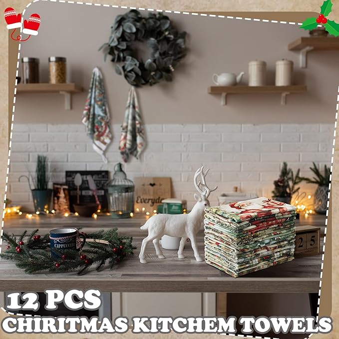 12 Pcs Christmas Kitchen Towels and Dishcloths Absorbent Christmas Tree Reindeer Truck Hand Dish Towels Decoration for Xmas Home Gift Supplies, 14.2 x 21.3 Inch(Vintage Style)