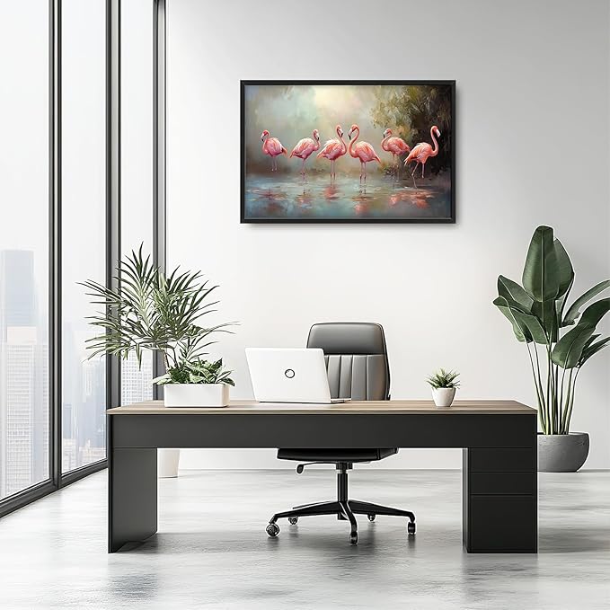 Flamingo Framed Wall Art for Living Room, Large Pink Birds Canvas Wall Decor, Animal Lake Pictures Painting, Modern Artwork for Bathroom Bedroom 36L'' × 24W''