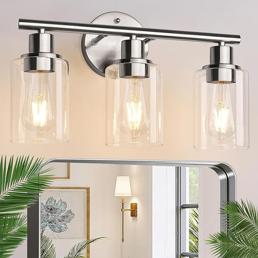 3-Light Bathroom Light Fixtures, Brushed Nickel Vanity Light, Farmhouse Wall Lights with Clear Glass Shade, Bathroom Wall Lamp for Mirror Kitchen Bedroom Hallway Living Room Hallway Cabinet