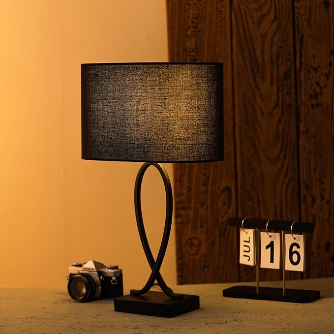 Modern Eye Protection Bedside Table Lamp, 11 x 7 x 19 Inch Farmhouse Table Lamps, Black Metal Base Table Lamp for Bedrooms and Office (Black Fabric Lampshade)