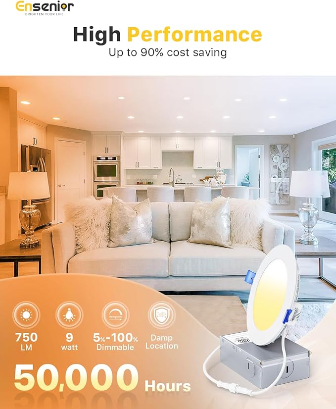 Ensenior 24 Pack 4 Inch LED Recessed Ceiling Light, Dimmable, 3000K-5000K 3CCT, 750LM 9W 120V, High Brightness Canless Wafer Downlight - ETL&FCC&IC