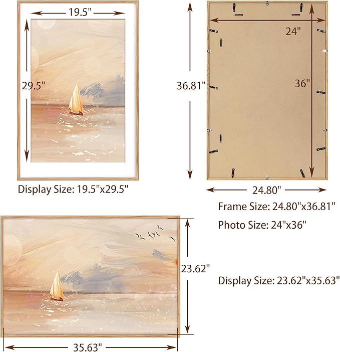 24x36 Picture Frame, 24x36 Poster Frame - Solid Oak Wood & Tempered Real Glass, Large 24 x 36 Frame for Wall, Rustic Wooden 24 by 36 Frame, 24x36 Frame with Mat for 20x30, Natural Oak Color