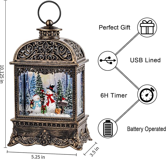 Christmas Snow Globes, Snowman Water Lantern, 8 Christmas Music, USB Powered & Battery, Holiday Decorations Gifts for Family Children or Friends