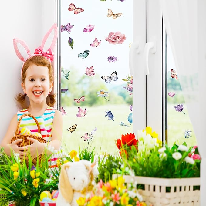 Flower Window Clings for Glass Windows Butterfly, 132pcs Fall Window Clings Summer Easter Spring Winter Decorations, 9 Sheets Floral Window Stickers Decals for Home Office Indoor Clearance