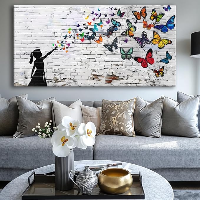 Canvas Wall Art Butterfly Girl - Modern Graffiti Paintings for Living Room, Bedroom Wall Decor, Framed Wall Art for Home or Office Decoration 28x58IN