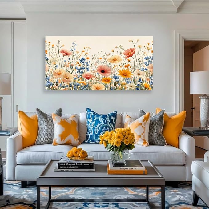 KZKU Floral Canvas Wall Art Wildflower Garden Print 24x48 inches Pink Yellow Blue Watercolor style Flower Picture for Bedroom Living Room Artwork Home Wall Decoration