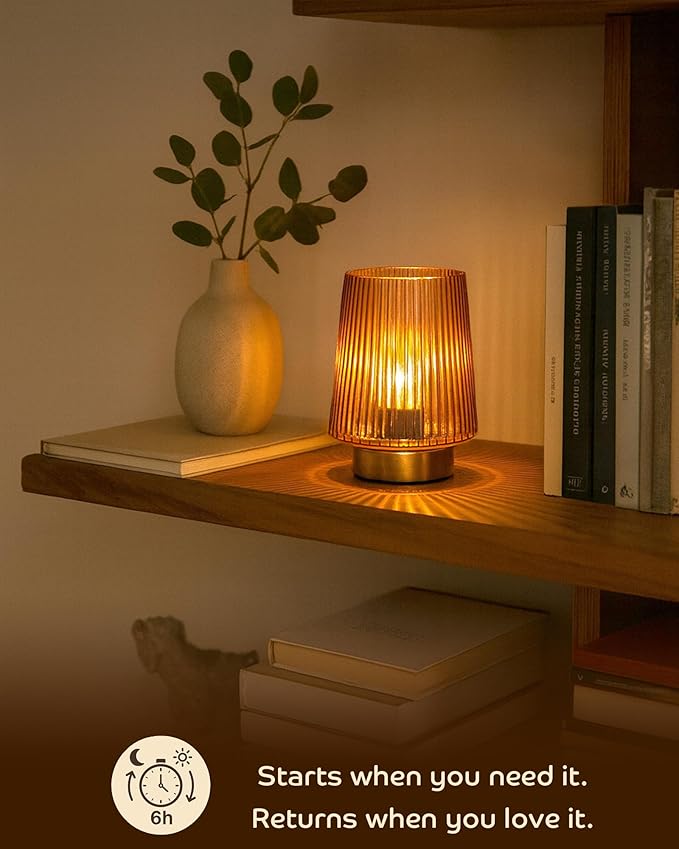 Battery Operated Lamp Aesthetic with Timer, Small Cozy Table Lamps for College Dorm, Cordless Battery Powered Decorative Lamp for Bedside Living Room Shelf Amber Set of 2