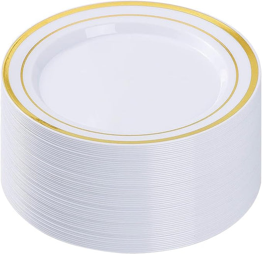 50PCS Gold Plastic Plates, 10.25 Inch Disposable Dinner Plate Party with Gold Rim, Heavy Duty Disposable Plastic Plates for Christmas, Thanksgiving, Party, Wedding and Birthday