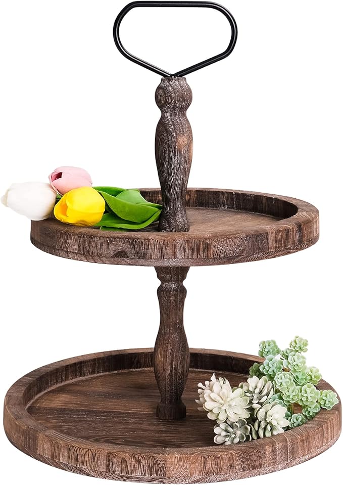 Mustry Rustic Wooden 2 Tiered Tray, Round Farmhouse Kitchen Table Decor Serving Tier Tray, Food Fruits Cupcake Display Coffee Bar Home Party Seasonal Decorations (Brown)