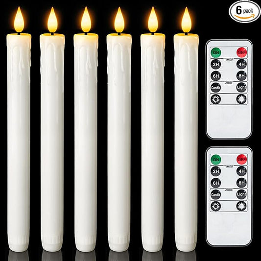 Homemory Real Wax LED Flameless Taper Candles with Timer, Dripless Fake Candlesticks with 3D Flickering Flame, 9.6 Inches White Window Candle for Fireplace Christmas Halloween