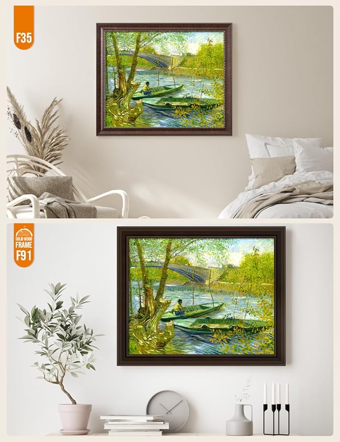DECORARTS - Fishermen And Boats From The Pont De Clichy - Vincent Van Gogh Giclee Prints w/Antique Brown Frame for Wall Decor. Picture Size: 20x16, Total Size w/Frame: 23x19