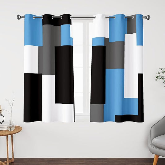 Light Blue 100% Blackout Curtains 45 inch Length 2 Panels Set White Grey Modern Abstract Geometric Drapes for Kitchen Black Out Curtains Insulated Room Darkening Small Window Curtains, 42Wx45L