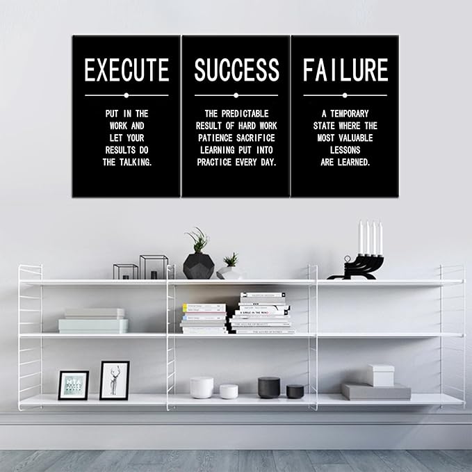 Inspirational Wall Art Success Quote Canvas Painting Positive Motivational Wall Art Execute Failure Definition 3 Pieces Black Poster Framed Artwork Prints Picture for Living Room Office [48''Wx 24''H]
