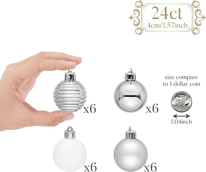 Valery Madelyn 1.57 Inches Small Christmas Tree Decorations Ornament Set for 4th of July Fall Halloween, 24ct White and Silver Shatterproof Hanging Ball Ornaments Holiday Party Decor