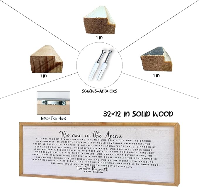 Surfapans The Man In The Arena Wall Decor 32"x12" Morden Office Motivational Wood Framed Sign For Men Large Farmhouse Living Room Inspirational Quotes Positive Speech Home Wall Decoration (Wood)