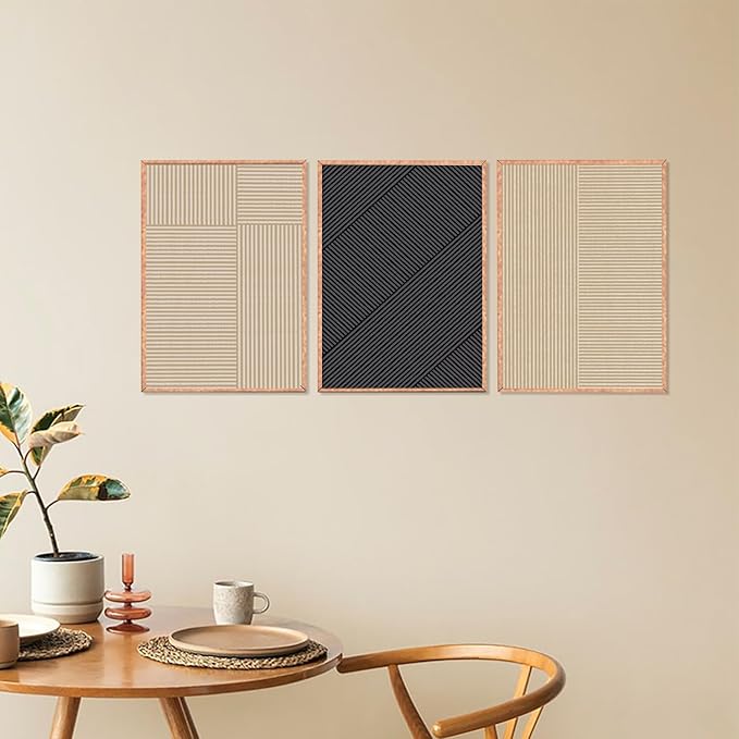 KAIRNE Modern Minimalist Wall Art Set of 3, Beige and Black Striped Geometric Prints with Wood Frame, Abstract Textured Wall Decor for Living Room, Bedroom, Office - 24x36 inch