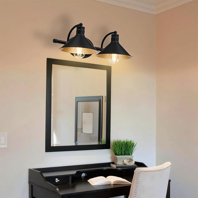 2 Light Bathroom Vanity Light Over Mirror - Black and Gold Farmhouse Wall Light for Bathroom Vanity Powder Room, Rustic Gooseneck Barn Style 2 Bulb Wall Sconce Over Kitchen Sink